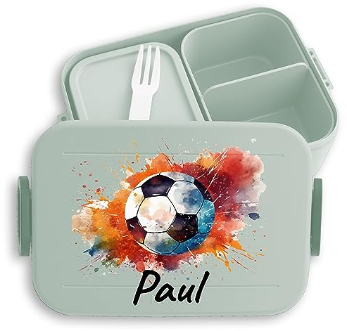 Kinder Bento Box Midi Lunchbox für Mepal Bentobox - Fußball - Fussball Jungs Fußballer Jungen Schule mit Name I - 900 ml - Sage Grün - brotzeitdose kindergarten junge fusball geschenke kind