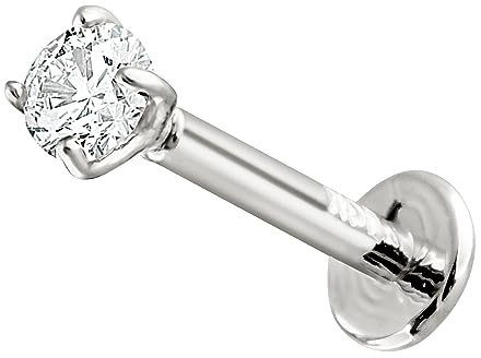 16G 14K White Gold 0.08ct Diamond Labret Monroe Stud 8mm Post Flat Disk Bottom Prong Set 2.5mm Genuine Round Brilliant Cut Diamond Lip Ring Tragus Stud 14KLBRT-25WD8WG