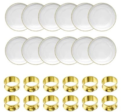 WedDecor 13 Inch Gold Beads Glass Charger Plates Set of 12 with Hammered Design Napkin Rings – Elegant Serveware for Weddings, Parties, and Table Decoration