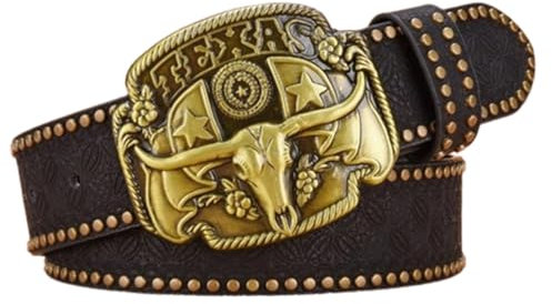 NALANY Nietengürtel Für Herren Und Damen Geschnitzte Ledergürtel Mit Retro Blume Prägung Vintage Western Cowboy Golden Tone Heavy Stierkopf Totenkopf Schnalle(105cm/41, Black)