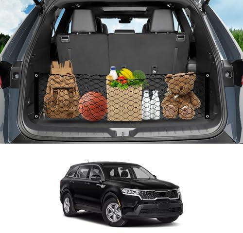 Karltys Envelope Style Cargo Net for 2021-2024 2025 2026 Kia Sorento, Heavy Duty Rear Trunk Mesh Cargo Net for 2025 Sorento Accessories, Elastic Mesh Netting Organizer with Metal Hooks