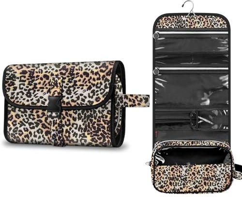 FINPAC Portable Toiletry Travel Wash Bag, Large Hanging Makeup Organiser | Water-resistant Cosmetic Storage Pouch Case for Women and Girls, Leopard