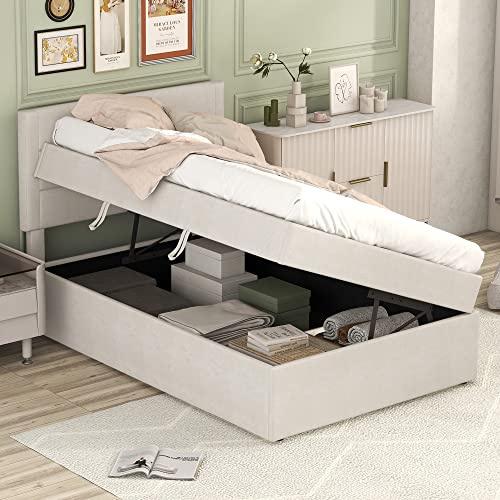 MYBOO Boxspringbett 90x200 mit Bettkasten und Kopfteil, Doppelbett Einzelbett mit Großer Stauraum, Bett mit Holz Lattenrost und Metallrahmen, Bettgestell Stauraumbett Rückenlehne Bett, Leinen, Beige