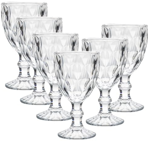 Beille Set of 6 Clear Carved Goblet Water Glasses Home Decor Entertaining Essentials Glassware, 10oz