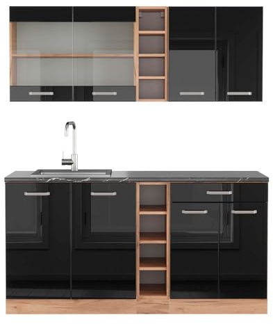Vicco Singleküche R-Line, Schwarz Hochglanz/Goldkraft Eiche, 160 cm | 6 Module · Höhenverstellbare Füße · AP Anthrazit inkl. · Robuste Fronten · Mit offenen Regalen · Frei kombinierbar