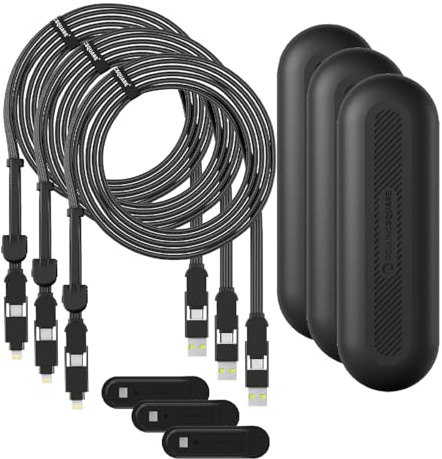 Rolling Square inCharge XL 300 cm - USB-C-Kabel, Universal-Smartphone-Kabel, Geschenk für Männer, 6-in-1-Universalladegerät für Smartphones, Schwarz, Lightning-Kabel 100 W, Multipack 3x