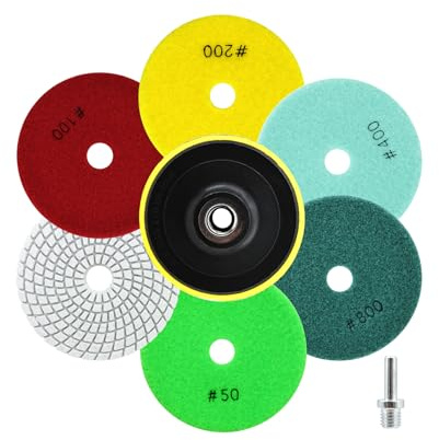 QUEFORET Diamant Polierpads Set 8 Stücke - 6 Stücke 100mm Nass Polierscheiben (Körnung 50/50/100/200/400/800), 1 Stück Polierteller, 1 Stück Adapter für Granit Marmor Quarz Kunststein