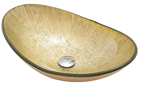 HDMOZUYT Modernes Waschbecken aus gehärtetem Glas, Badezimmer-Waschtisch, Aufsatzwaschbecken im Bootsstil, Übertisch-Waschbecken mit Pop-up-Ablaufgarnitur und Befestigungsring, Silber (Gold)