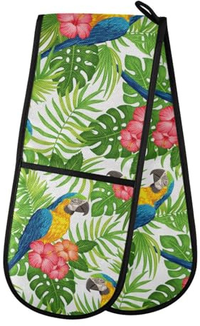 Double Oven Gloves Heat Resistant Tropical Floral Bird Double Oven Mitts Pot Holder Heat Protection Oven Gloves for Home Kitchen Baking Cooking BBQ Microwave