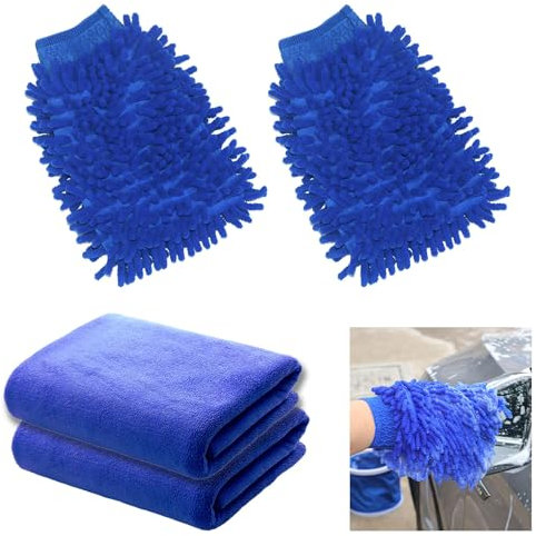 SVUPUE Car Wash Mitt, 4 Pcs Microfiber Car Wash Mitt, Microfibre Wash Mitt and Microfibre Drying Towel, Double Sided Microfiber Car Washing Mitts, for Car Cleaning Household Cleaning, Blue