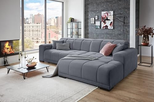 möbelando Wohnlandschaft >Puppet< in grau, Ottomane rechts, elektrische Sitztiefenverstellung, Metallfüße schwarz, Nosagunterfederung, Polyätherschaum, inkl. 2 Zierkissen, 301x81-113x195 cm (BxHxT)