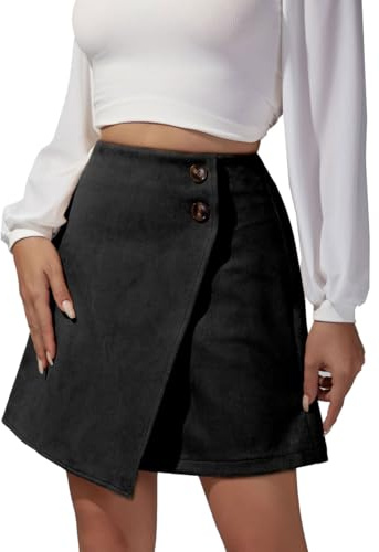 EMOTTOS Women Faux Suede Short Skirt, Wrap Hip Irregular High Waisted Tight Pencil Skirt, A-Line Casual Zipper Button Embellishment Faux Leather Mini Skirt, M, Black