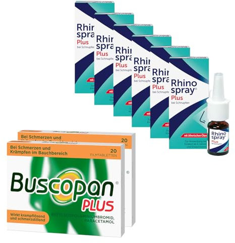 Rhinospray PLUS Nasenspray bei Schnupfen 6 x 10 ml + Buscopan PLUS Filmtabletten zur Linderung bei stärkeren Bauschmerzen und Bauchkrämpfen 2 x 20 Stk | kombinierte Vorteils-Packung