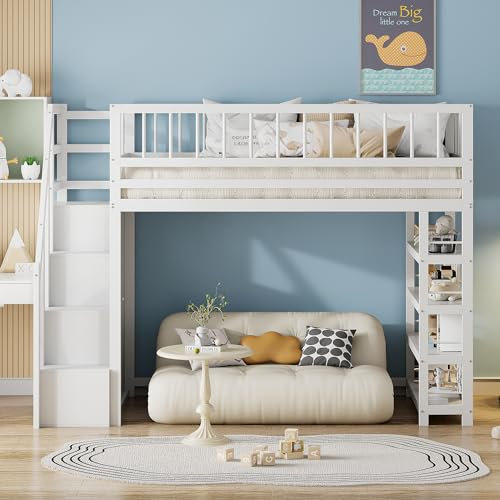 Kebnor Hochbett 90 x 200, Hochzaun-Sicherheitsdesign mit Kleiderschrank, Regalen und Stauraum mit Sicherheitskletterleiter, Multifunktionsbett, Massivholzbett (Weiß)