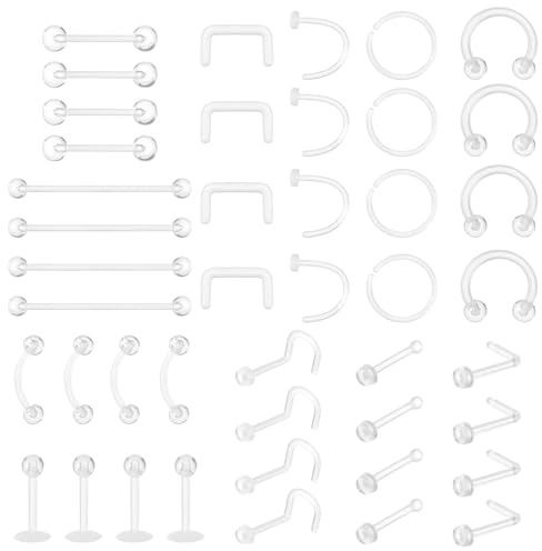 Tucnoeu 44pcs Plastik Piercing für OP Retainers Set Acryl Nasenring, Unterlippen Piercing für Nasen-, Augenbrauen-, Lippen- und Bauchnabelpiercings