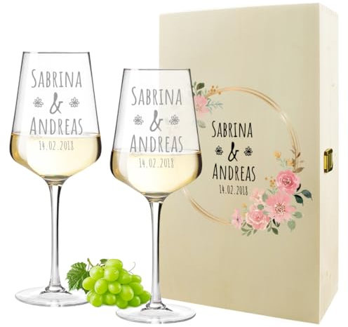 polar-effekt Bicchieri da vino 560 ml Set & Scatola di legno con stampa UV per matrimonio – Regali per sposi – Calici da vino personalizzati con incisione – per gli amanti del vino