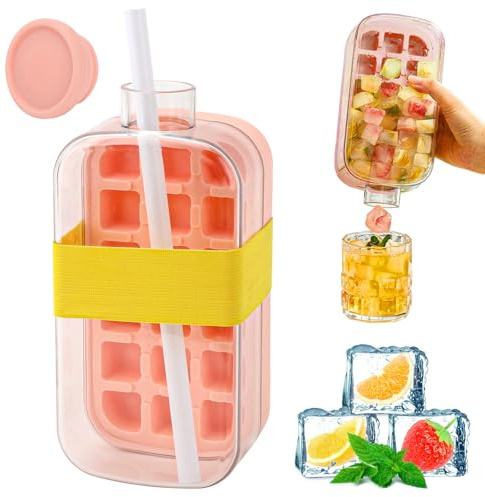 2 in 1 Water Bottle Ice Cube Tray with Lid and Bin, My Crush Cup Ice Cube Bottle with Straw, Push-Type Ice Cube Making Bottle for Home Outdoor Office Making Freezer Coffee Juice (Pink, 800ml)