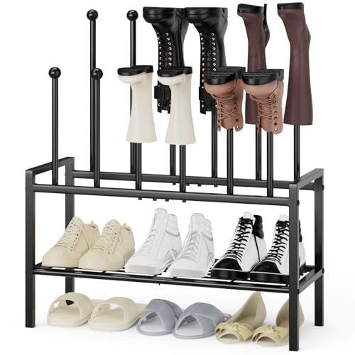 Ouinis Tall Boot Shoe Rack,FreeStanding Metal Shoe Racks with 12 Long Posts Holds 6 Pairs,Boot Shelf Storage Organizer for Closet Entryway Floor Bedroom Outdoor, Black