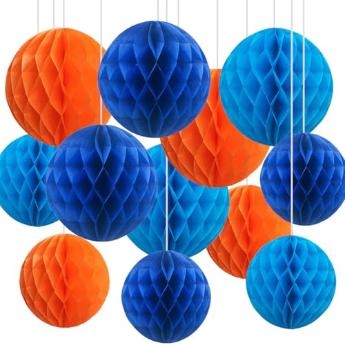 12er Blau und Orange Papier Wabenbälle,Hängende Seidenpapier Honeycomb Balls for Party Dekoration(6inch&10inch)