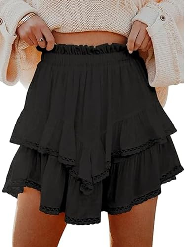 Kouoybt Women Flowy Skorts Summer Mini Ruffle Skirts Casual High Waist Skirt Tiered Skorts Golf Tennis Crochet Shorts (A-Black, M)