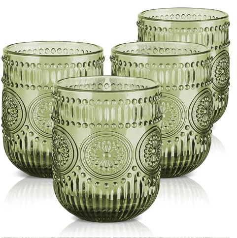 Joeyan Vintage Trinkgläser Set Bunt, 4er Set 260ml Grün Wassergläser Relief Sonnenblumen, Farbig Gläser, Trinkgeschirr für Alltag,Familienessen,Büro,Outdoor Partys & Garten, Spülmaschinenfest