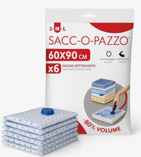 Lavatelli, 6 Sacchetti Sottovuoto Salvaspazio 60x90cm per Piumoni, Coperte e Vestiti | Buste Grandi Riutilizzabili con Valvola Universale | Ideali per Armadio, Trasloco, Cambio Stagione