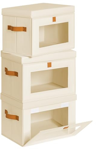 Homsorout Fabric Storage Boxes with Lids - 3 Pack Foldable Basket Bins for Clothes & Toys, Front Opening Cubes with Handles for Shelves, Bedroom, Office, Wardrobe, Beige, 35 x 25 x 25 cm