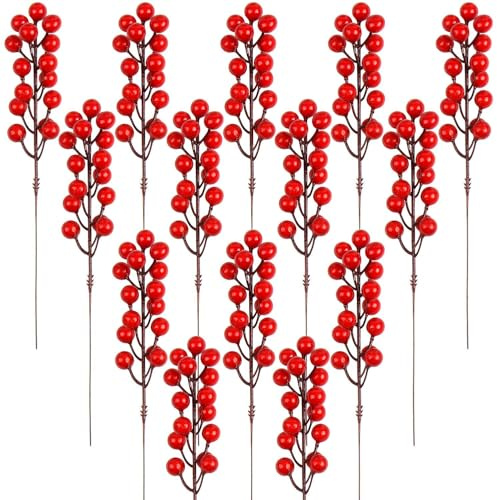 VEYLIN Bayas de Navidad artificiales, 100 unidades, color rojo, 17,5 cm, bayas de acebo para corona y decoración de árbol de Navidad (14 unidades de 22 cm)