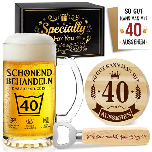Boccale da birra per 40° compleanno, da uomo, 0,5 l, con apribottiglie e sottobicchiere in legno | Bicchieri da birra personalizzati, regalo per 40° compleanno, per uomini, marito, fidanzato, colleghi