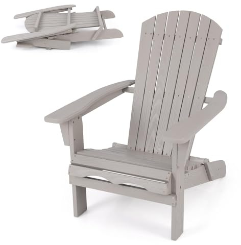 KOMFOTTEU Adirondack Stuhl aus Tannenholz, Klappstuhl mit Rückenlehne und Armlehnen, Gartenstuhl bis 180kg belastbar, Holzstuhl für Terrasse, Balkon, Veranda (Grau, 1 Stück)