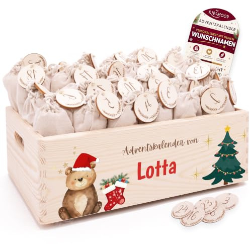 Personalisierter Adventskalender 2026 zum Befüllen mit Holzzahlen | Tolle Weihnachtsdeko aus Holz, Weihnachtskalender mit Tüten für Geschenke Mädchen & Jungen (40 x 30 x 14 cm)