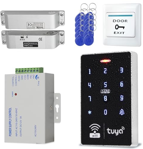 AccessShield Système contrôle d'accès+Alimentation 1 Bouton d'ouverture de Porte+Serrure électrique,10 Porte-clés d'identification 125 kHz，Convient pour la Maison,Le Bureau, l'appartement et l'hôtel