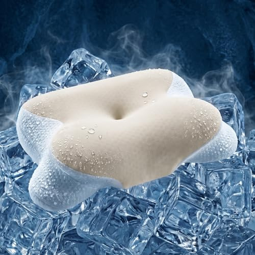 Klyvvo Oreiller Ergonomique en Mousse à mémoire de Forme, Forme Papillon | Double épaisseur 9cm / 12cm, housse amovible respirante pour dormeurs sur le dos, le côté et le ventre,62 x 39 cm,Blanc&dorés
