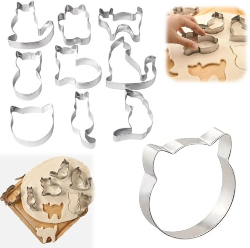 Juego de 9 cortadores de galletas de gato, adorables cortadores de galletas con temática de gato, juego de cortadores de galletas de acero inoxidable con forma de animal, para decoraciones de fiestas