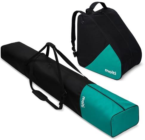 molti Skidväska set – skidväska 195 cm + pjäxväska – vattenavvisande 600D, förstärkt, ventilerad, med remmar och fickor – för skidåkning, stövlar och tillbehör (svart-turkos)