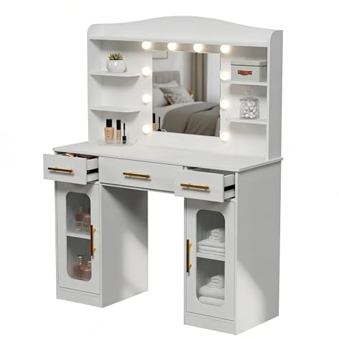 HULANAN Schminktisch mit LED Beleuchtung und Spiegel, 108 cm weiß – Dimmbar mit 3 Farbtemperaturen, Moderne Coiffeuse mit 3 Schubladen & 2 Glas-Schränken, Skandinavischer Dressing Table für Make-up
