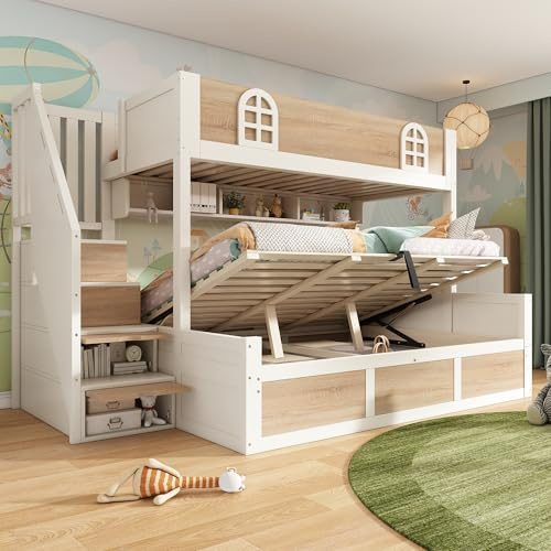 Zravenna Letto a soppalco da 90 x 200 cm e 140 x 200 cm, con protezione anticaduta, con cassetto, armadietto per scale, scaffale portaoggetti, letto familiare per 2 bambini, pino (G, 90 x 200 cm e 140