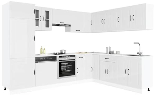 Owoxanthellate Kalmar Lot de 14 kitchenettes en bois blanc brillant 80 x 46 x 81,5 cm avec solution d'angle et armoires suspendues Design moderne pour cuisine, salle à manger ou couloir