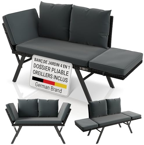 Juskys® Banc Multifonctions Calvia Noir/Gris - transat Pliable en polyrotin résistant, Banc Jardin Charge 240 kg
