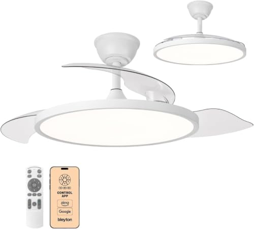 BLEYTON Ventilador Techo Silencioso Luz LED y Aspas Retráctiles 107 cm | Ventilador Motor DC con WIFI Control Mando, App y Voz | Color Blanco | 6 Velocidades | Temporizador