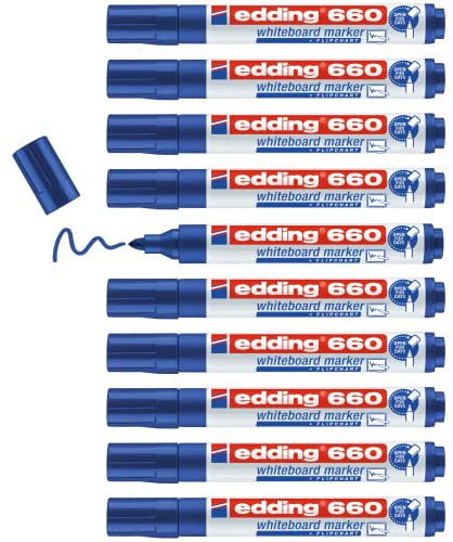 edding 660 Whiteboard-markör – blå – 10 markörer – kulspets 1,5–3 mm – whiteboard, blädderblock, anteckningstavla – påfyllningsbar