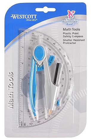 Westcott Compass and Protractor Math and Geometry Set, Essential School Supplies, Plastic Compass for Circles Up to 13-Inches, Back to School, Classroom, School Supplies, 6-Inch Protractor, Assorted Colors