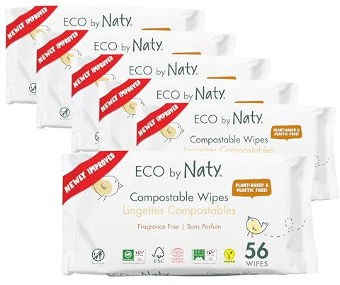 Naty toallitas para bebé sin perfume | 98% agua purificada | Para piel sensible | Suaves para recién nacidos | De origen vegetal y sin plástico | Certificadas compostables | 336 unidades (6 paquetes)