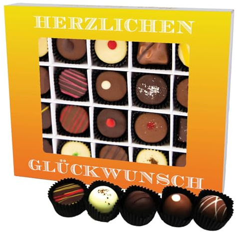Hallingers Genuss Manufaktur Pralinen Glückwunsch-Geschenk - ohne Alkohol, handmade aus Confiserie-Edelkakao in wertiger XL-Geschenkbox Herzlichen Glüc..., Geschenkidee für Frauen Männer