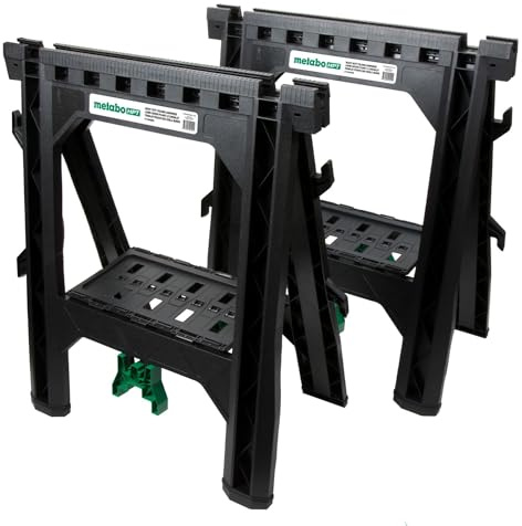 Metabo HPT Folding Sawhorses, Heavy Duty Stand, 4 Sawbucks, 1200 Pound Capacity, Built-in Cord Hooks and Shelves, 2-Pack (115445M)