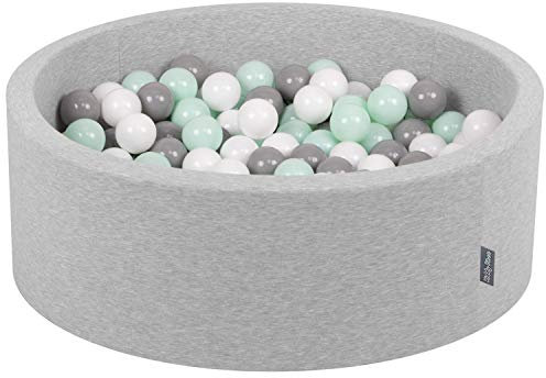 KiddyMoon Bällebad 90X30cm/200 Bälle ∅ 7Cm Bällepool Mit Bunten Bällen Für Babys Kinder Rund, Hellgrau:Weiß/Grau/Minze