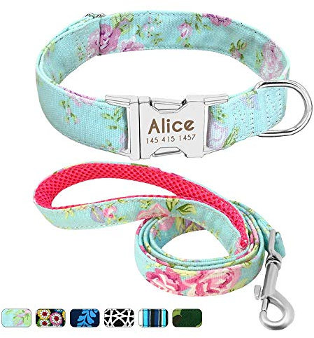 Beirui Personalisiertes Hundehalsband und Leine, Set mit Schnellverschluss-Schnalle, 1,2 m lang, mit Leine und Halsband mit Blumenmuster, verstellbares Halsband für kleine und mittelgroße Hunde