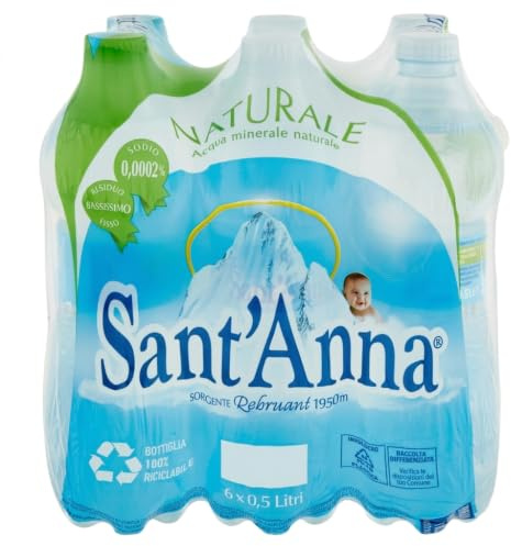 Eau Sant’Anna, Bouteilles d’Eau Naturelle de 0,5 litre, Eau Minérale Naturelle en Bouteilles en Plastique 100% Recyclable, Paquet de 24 Bouteilles de 0,5 litre