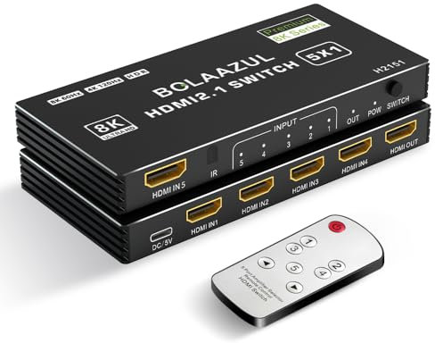 BolAAzuL Switch HDMI 4K 120Hz 5 Entrées 1 Sortie Commutateur HDMI 2.1 5x1 8K 60Hz/2K 144Hz Multiprise Multi Switcher avec IR Télécommande, Multi-Ports Switch Hub HDM I HDR, pour TV/Xbox Series X/PS5