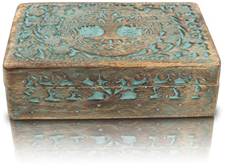 Great Birthday Gifts Handmade Decorative Wooden Jewelry Box Tree Of Life Carving Jewelry Organizer Keepsake Box Treasure Chest Trinket Holder Watch Box Storage Lock Box Housewarming Gift (Blue)